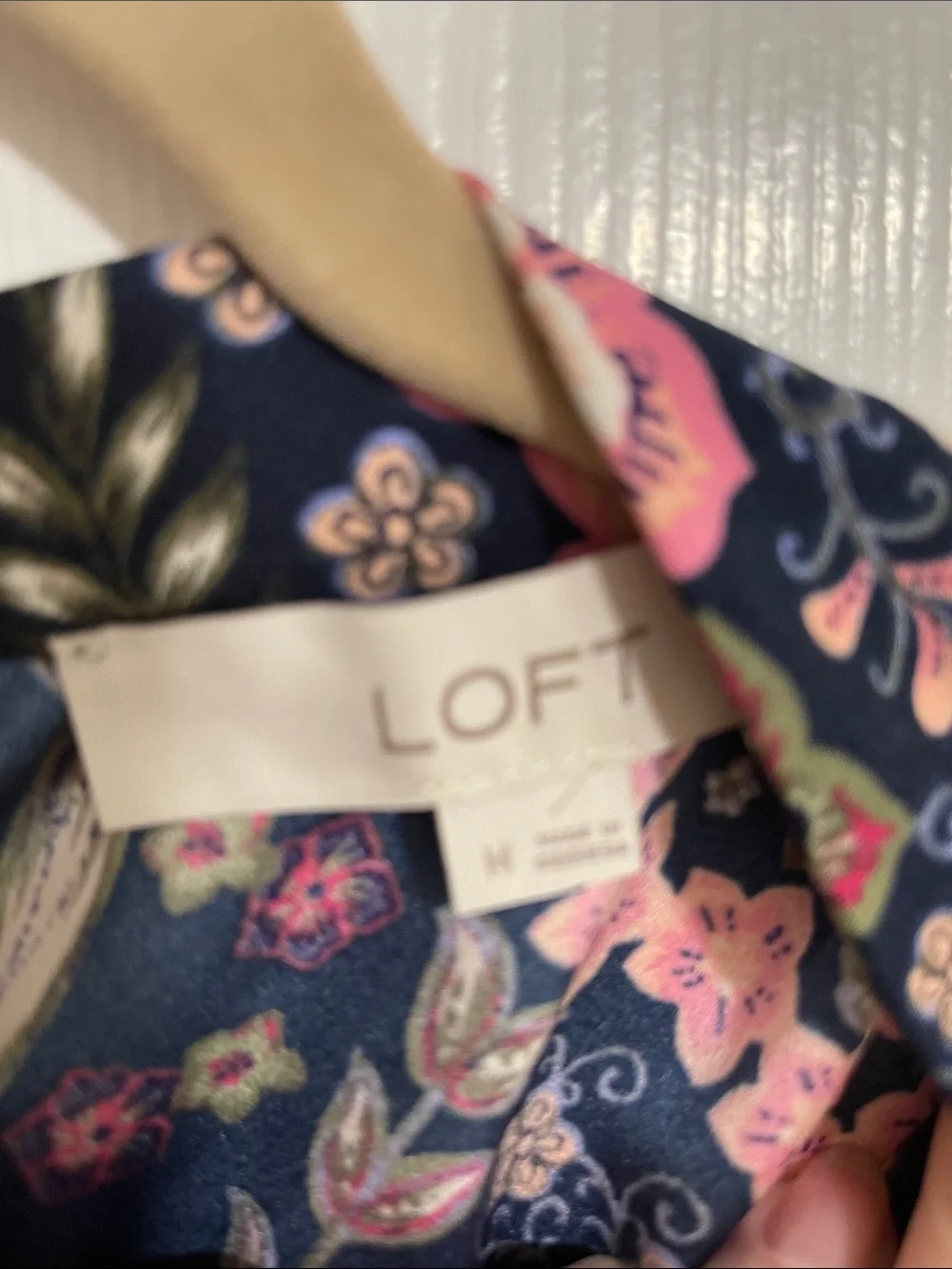 LOFT Floral Puff-Sleeve Blouse - Navy with Pink Floral